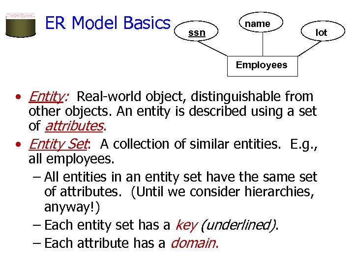 ER Model Basics ssn name lot Employees • Entity: Real-world object, distinguishable from other