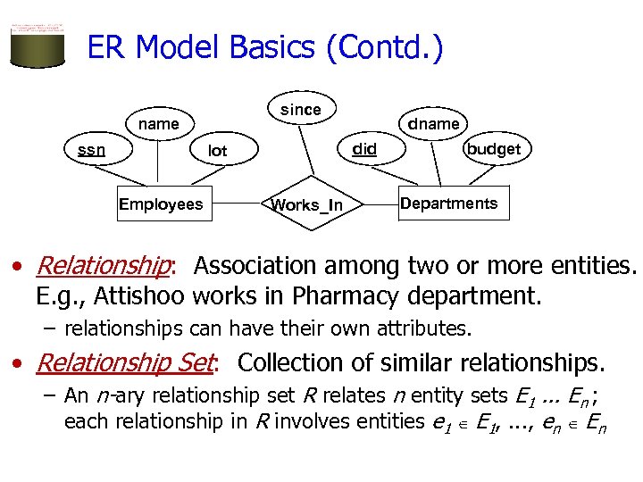 ER Model Basics (Contd. ) since name ssn did lot Employees dname Works_In budget