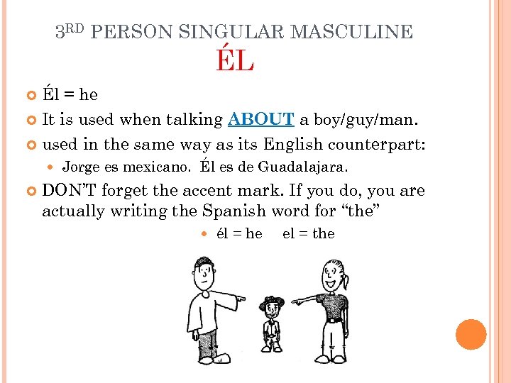 3 RD PERSON SINGULAR MASCULINE ÉL Él = he It is used when talking