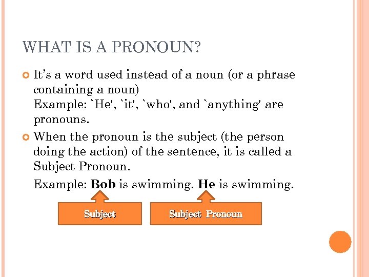 WHAT IS A PRONOUN? It’s a word used instead of a noun (or a