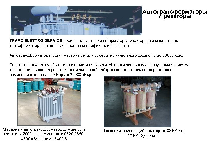 Автотрансформаторы и реакторы TRAFO ELETTRO SERVICE производит автотрансформаторы, реакторы и заземляющие трансформаторы различных типов