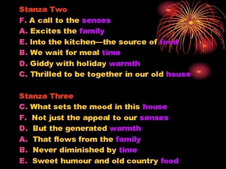 Stanza Two F. A call to the senses A. Excites the family E. Into