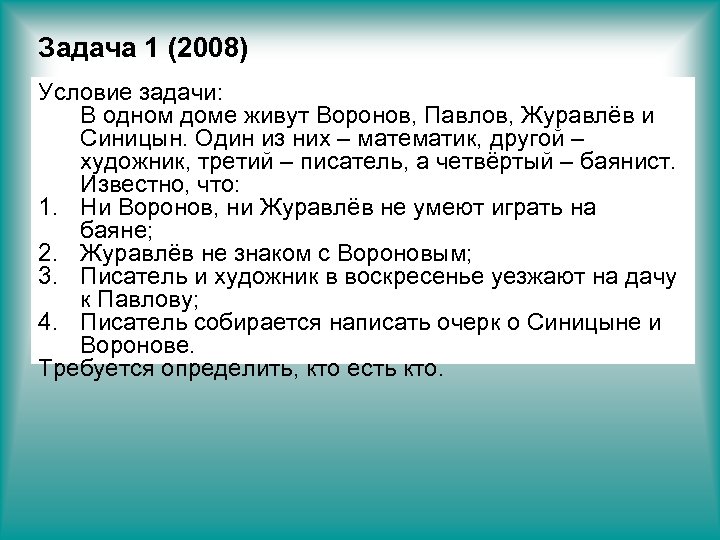 Задача 1 (2008) Условие задачи: В одном доме живут Воронов, Павлов, Журавлёв и Синицын.