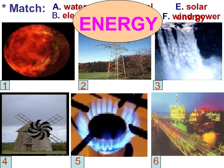 * Match: A. water power C. petrol D. B. electricity gas ENERGY 1 4