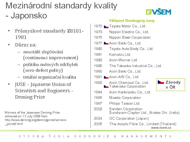 Mezinárodní standardy kvality - Japonsko Vítězové Demingovy ceny – neustálé zlepšování (continuous improvement) –