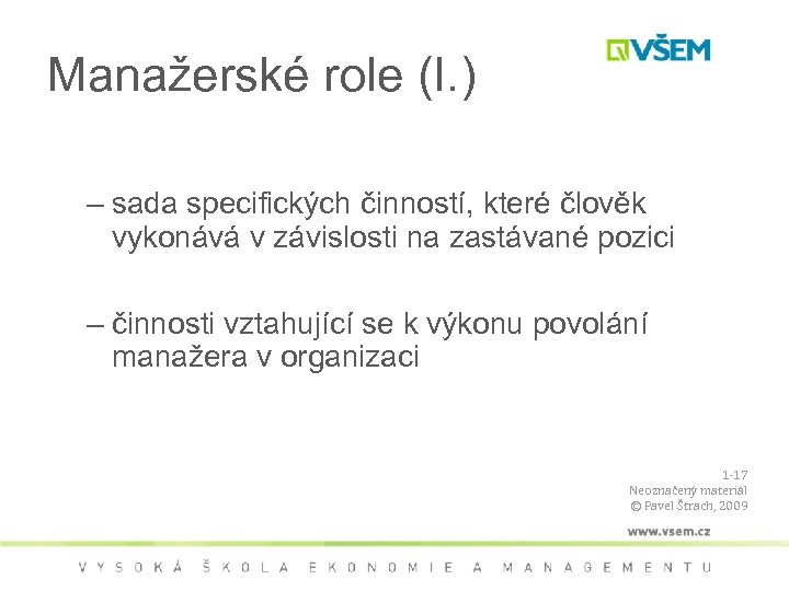 Manažerské role (I. ) • Role – sada specifických činností, které člověk vykonává v