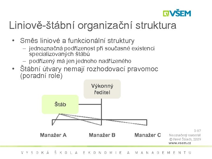 Liniově-štábní organizační struktura • Směs liniové a funkcionální struktury – jednoznačná podřízenost při současné