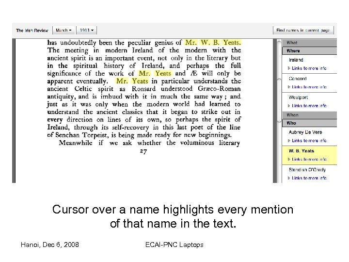 Cursor over a name highlights every mention of that name in the text. Hanoi,