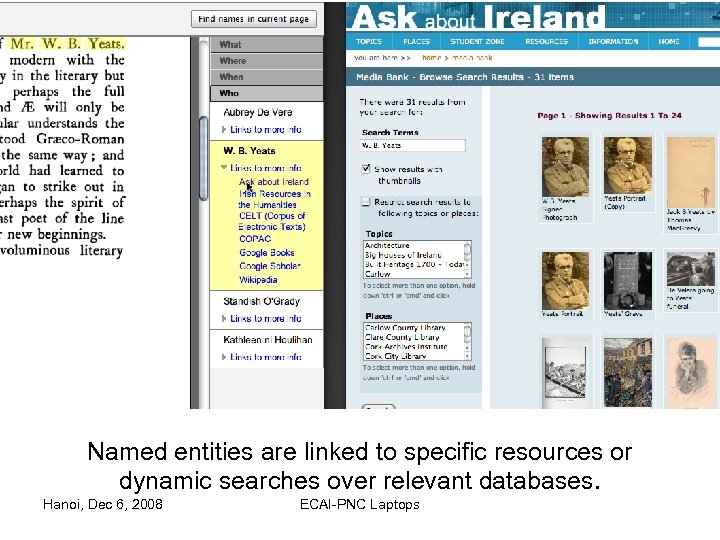 Named entities are linked to specific resources or dynamic searches over relevant databases. Hanoi,