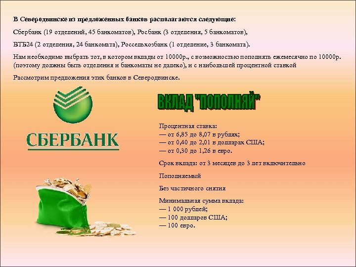 В Северодвинске из предложенных банков располагаются следующие: Сбербанк (19 отделений, 45 банкоматов), Росбанк (3