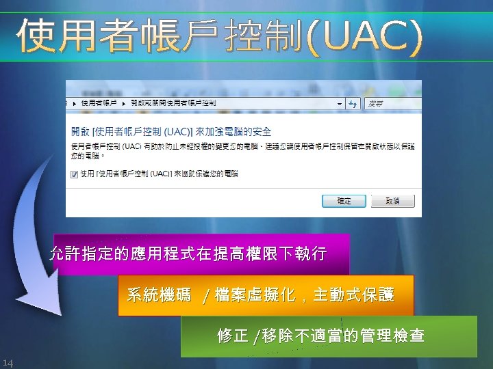 允許指定的應用程式在提高權限下執行 系統機碼 / 檔案虛擬化，主動式保護 修正 /移除不適當的管理檢查 14 