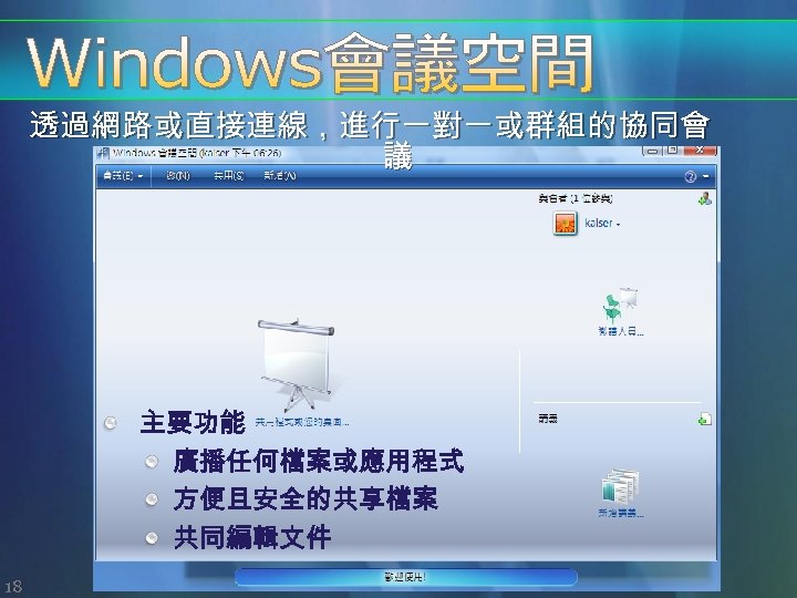 透過網路或直接連線，進行一對一或群組的協同會 議 主要功能 廣播任何檔案或應用程式 方便且安全的共享檔案 共同編輯文件 18 