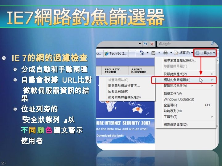 IE 7的網釣過濾檢查 分成自動和手動兩種 自動會根據 URL比對 微軟伺服器資訊的結 果 位址列旁的 『 安全狀態列 』 以 不 同