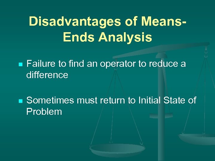 Disadvantages of Means. Ends Analysis n Failure to find an operator to reduce a