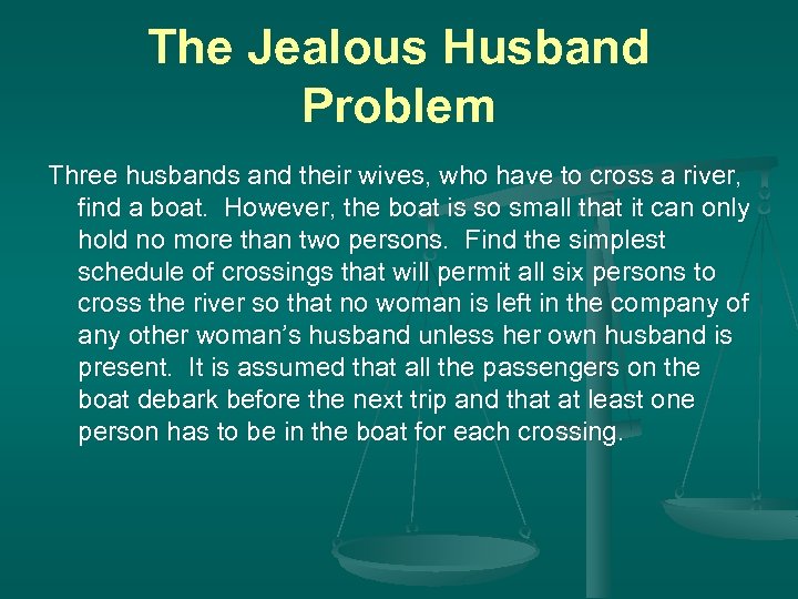 The Jealous Husband Problem Three husbands and their wives, who have to cross a