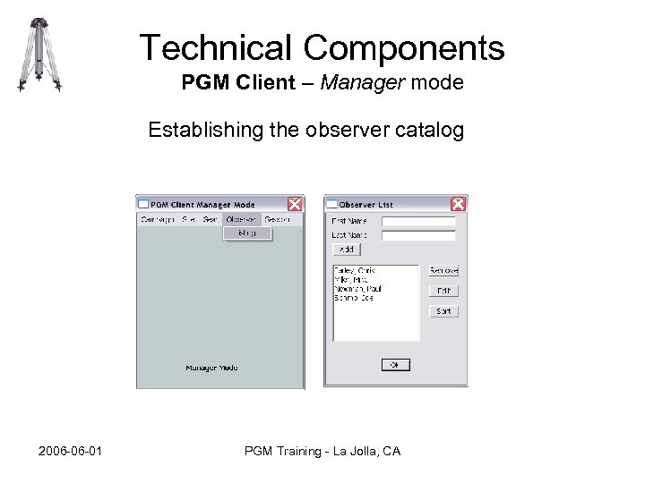 Technical Components PGM Client – Manager mode Establishing the observer catalog 2006 -06 -01