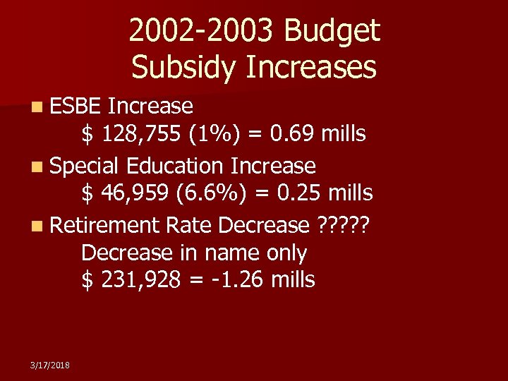 2002 -2003 Budget Subsidy Increases n ESBE Increase $ 128, 755 (1%) = 0.