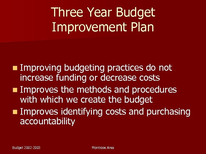 Three Year Budget Improvement Plan n Improving budgeting practices do not increase funding or