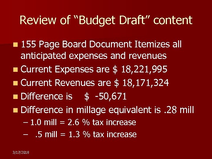 Review of “Budget Draft” content n 155 Page Board Document Itemizes all anticipated expenses