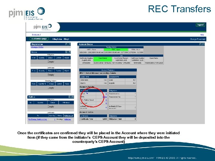 REC Transfers Once the certificates are confirmed they will be placed in the Account