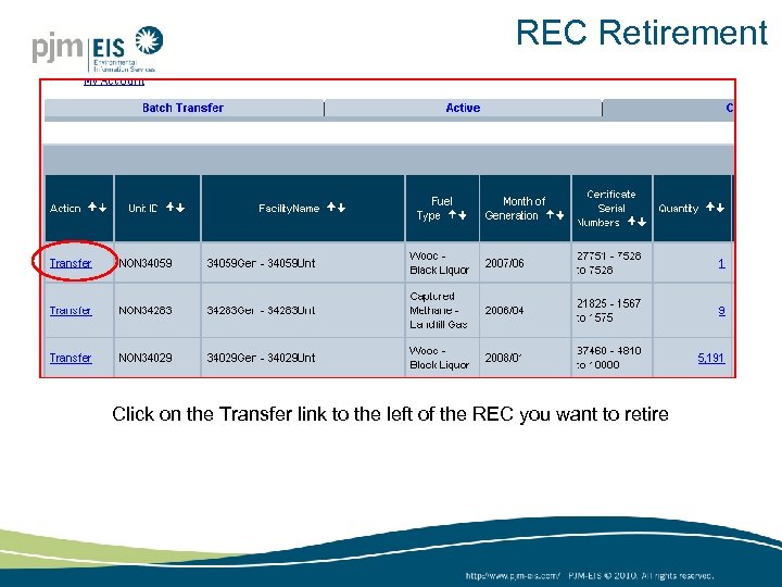 REC Retirement Click on the Transfer link to the left of the REC you