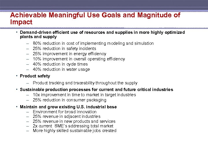 Achievable Meaningful Use Goals and Magnitude of Impact • Demand-driven efficient use of resources