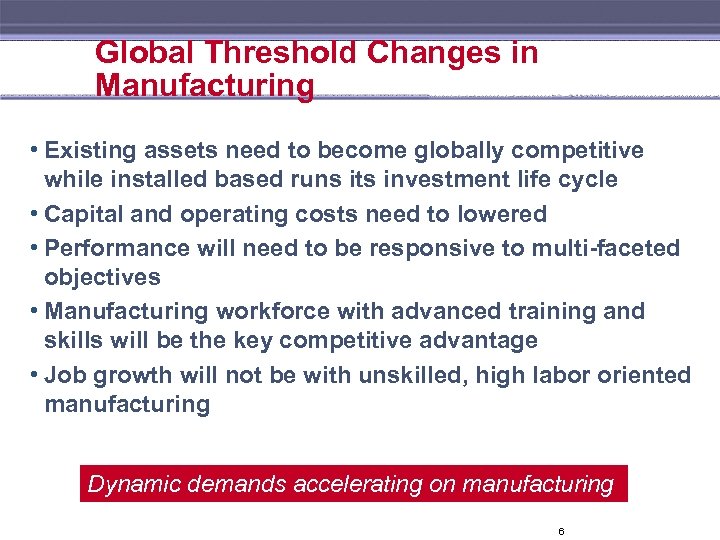 Global Threshold Changes in Manufacturing • Existing assets need to become globally competitive while