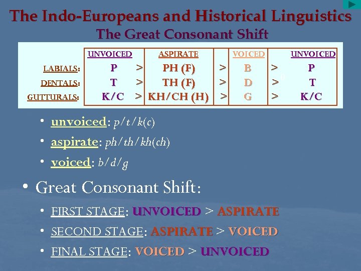 The Indo-Europeans and Historical Linguistics The Great Consonant Shift UNVOICED LABIALS: DENTALS: GUTTURALS: P