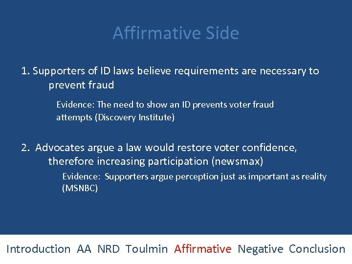 Affirmative Side 1. Supporters of ID laws believe requirements are necessary to prevent fraud