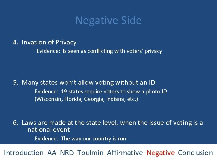 Negative Side 4. Invasion of Privacy Evidence: Is seen as conflicting with voters’ privacy