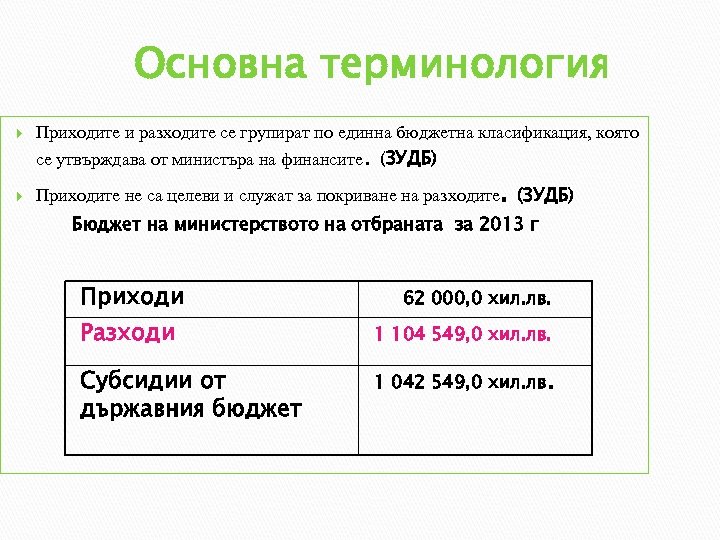 Основна терминология Приходите и разходите се групират по единна бюджетна класификация, която Приходите не