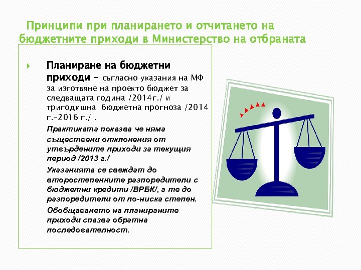 Принципи при планирането и отчитането на бюджетните приходи в Министерство на отбраната Планиране на