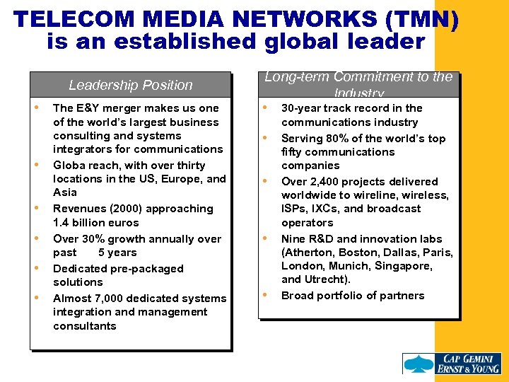TELECOM MEDIA NETWORKS (TMN) is an established global leader Leadership Position The E&Y merger
