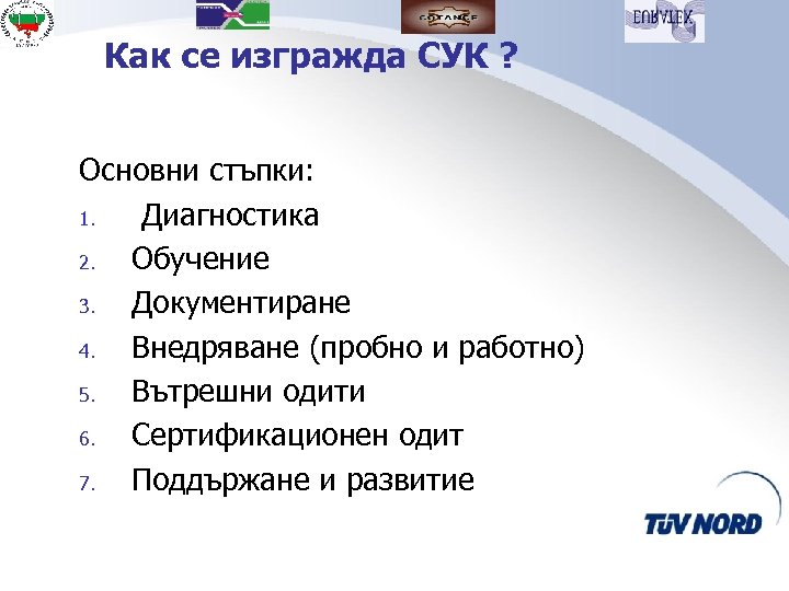 Как се изгражда СУК ? Основни стъпки: 1. Диагностика 2. Обучение 3. Документиране 4.