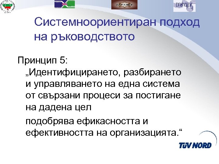 Системноориентиран подход на ръководството Принцип 5: „Идентифицирането, разбирането и управляването на една система от