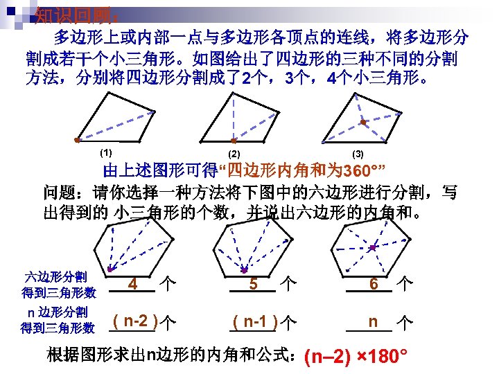 08年学业考试复习第一轮第四章基本图形一知识回顾多边形上或内部一点与多边形各顶点的连线将多边形分割成若干个小三角形如图给出了四边形的三种不同的分割方法分别将四边形分割成了2个3个4个小三角形