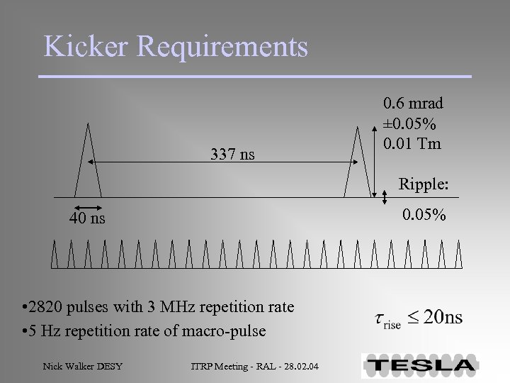 Kicker Requirements 337 ns 0. 6 mrad ± 0. 05% 0. 01 Tm Ripple: