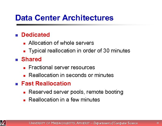 Data Center Architectures n Dedicated n n n Shared n n n Allocation of