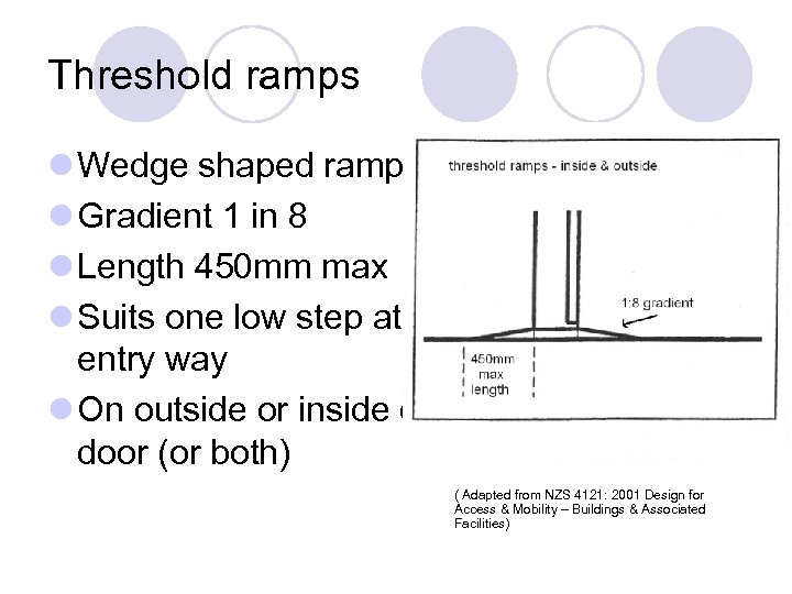 Threshold ramps l Wedge shaped ramp l Gradient 1 in 8 l Length 450