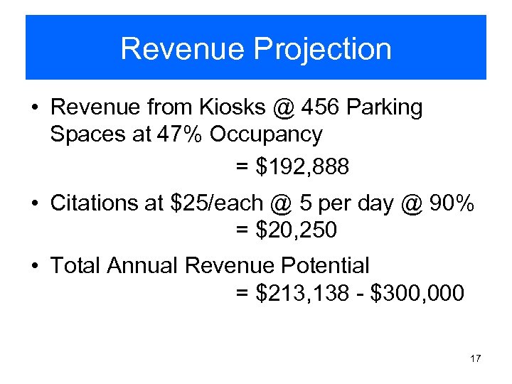 Revenue Projection • Revenue from Kiosks @ 456 Parking Spaces at 47% Occupancy =