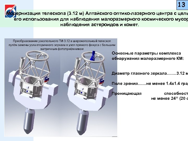 13 Модернизация телескопа (3. 12 м) Алтайского оптико-лазерного центра с цель его использования для