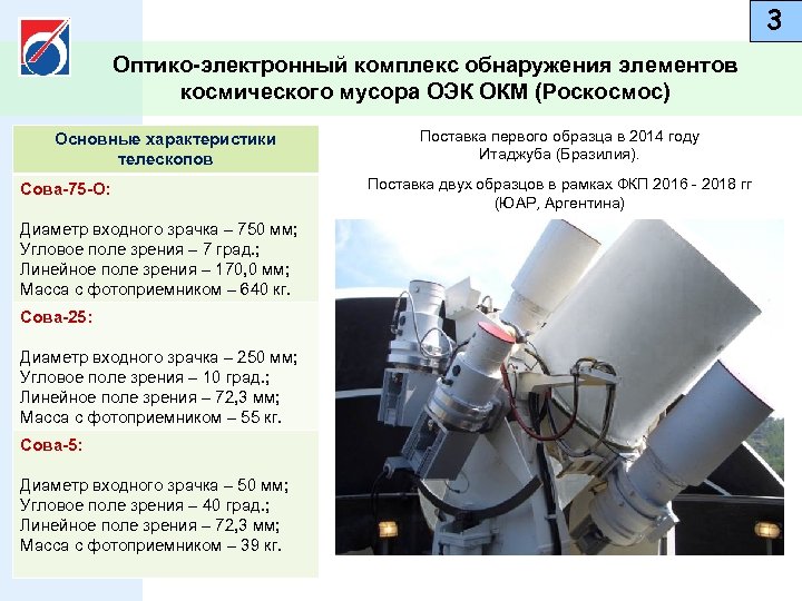 3 Оптико-электронный комплекс обнаружения элементов космического мусора ОЭК ОКМ (Роскосмос) Основные характеристики телескопов Сова-75