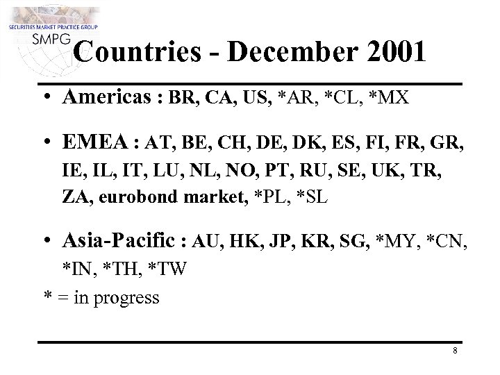 Countries - December 2001 • Americas : BR, CA, US, *AR, *CL, *MX •