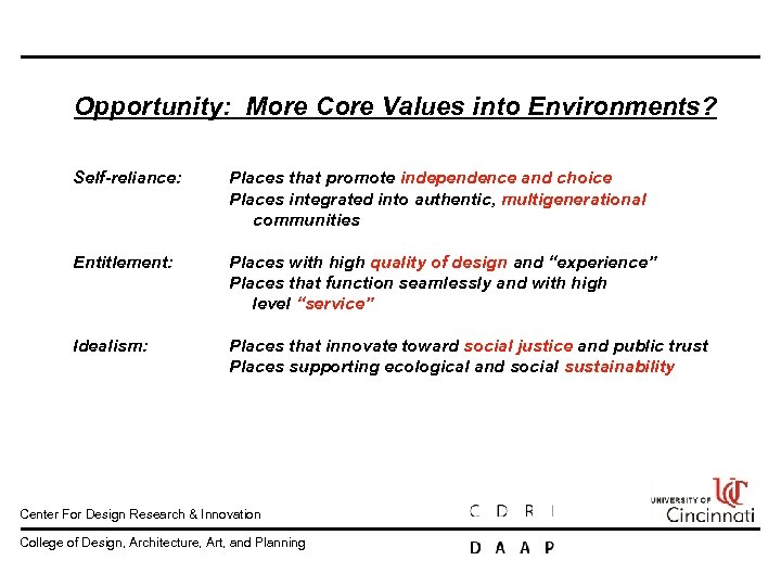 Opportunity: More Core Values into Environments? Self-reliance: Places that promote independence and choice Places