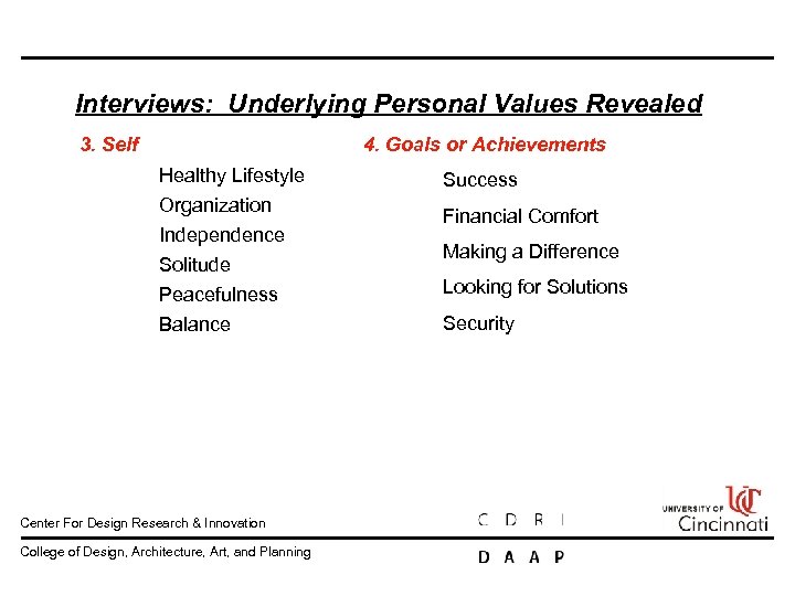 Interviews: Underlying Personal Values Revealed 4. Goals or Achievements 3. Self Healthy Lifestyle Organization