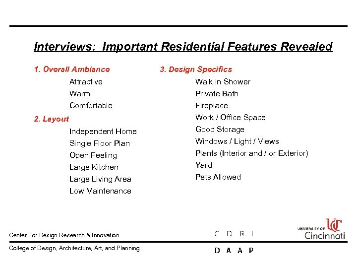 Interviews: Important Residential Features Revealed 1. Overall Ambiance 3. Design Specifics Walk in Shower