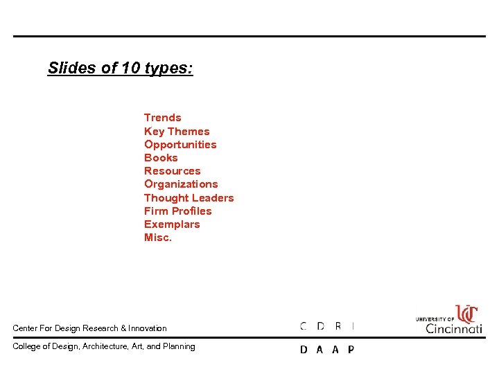 Slides of 10 types: Trends Key Themes Opportunities Books Resources Organizations Thought Leaders Firm
