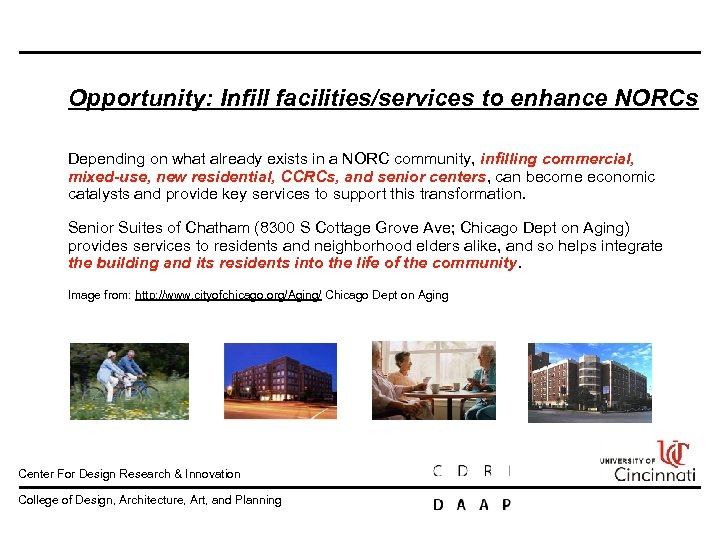 Opportunity: Infill facilities/services to enhance NORCs Depending on what already exists in a NORC