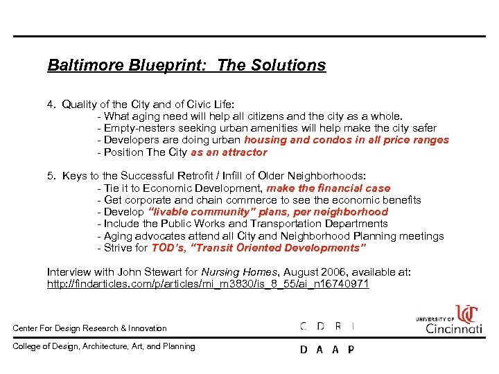 Baltimore Blueprint: The Solutions 4. Quality of the City and of Civic Life: What