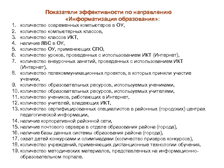 Показатели эффективности по направлению «Информатизация образования» : 1. 2. 3. 4. 5. 6. 7.